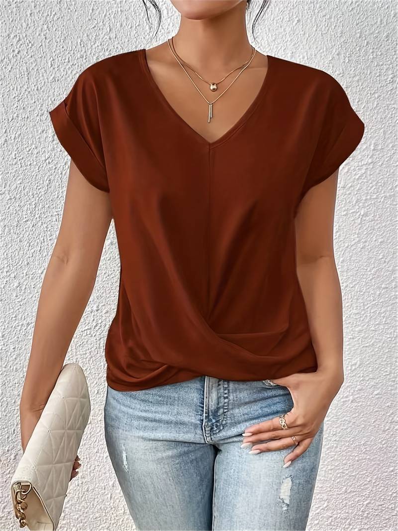 Elegant dames T-shirt met korte mouw, V-hals en twist-detail; regular fit voor een veelzijdige modieuze top.