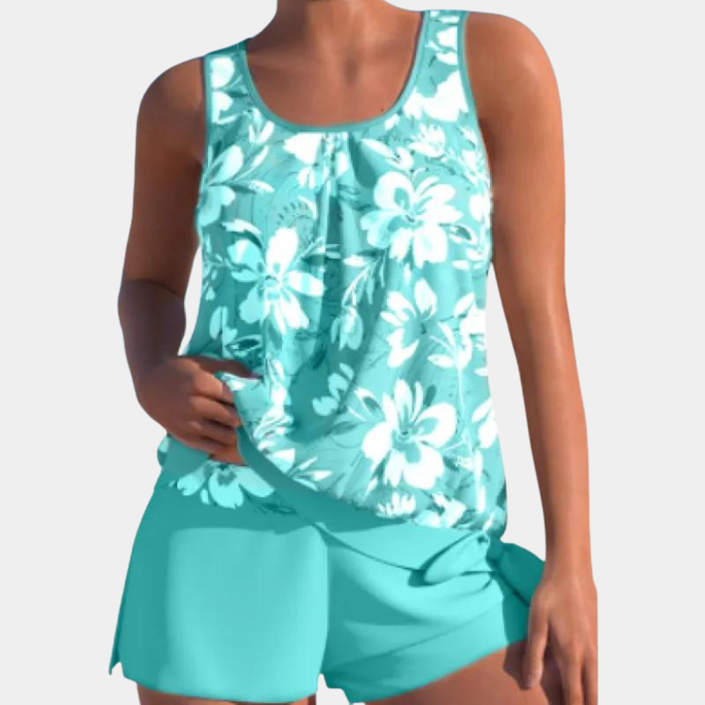 "Dames tankini badpak met kleurrijke print en draadloze beka, met bijpassende play shorts voor comfort en stijl."