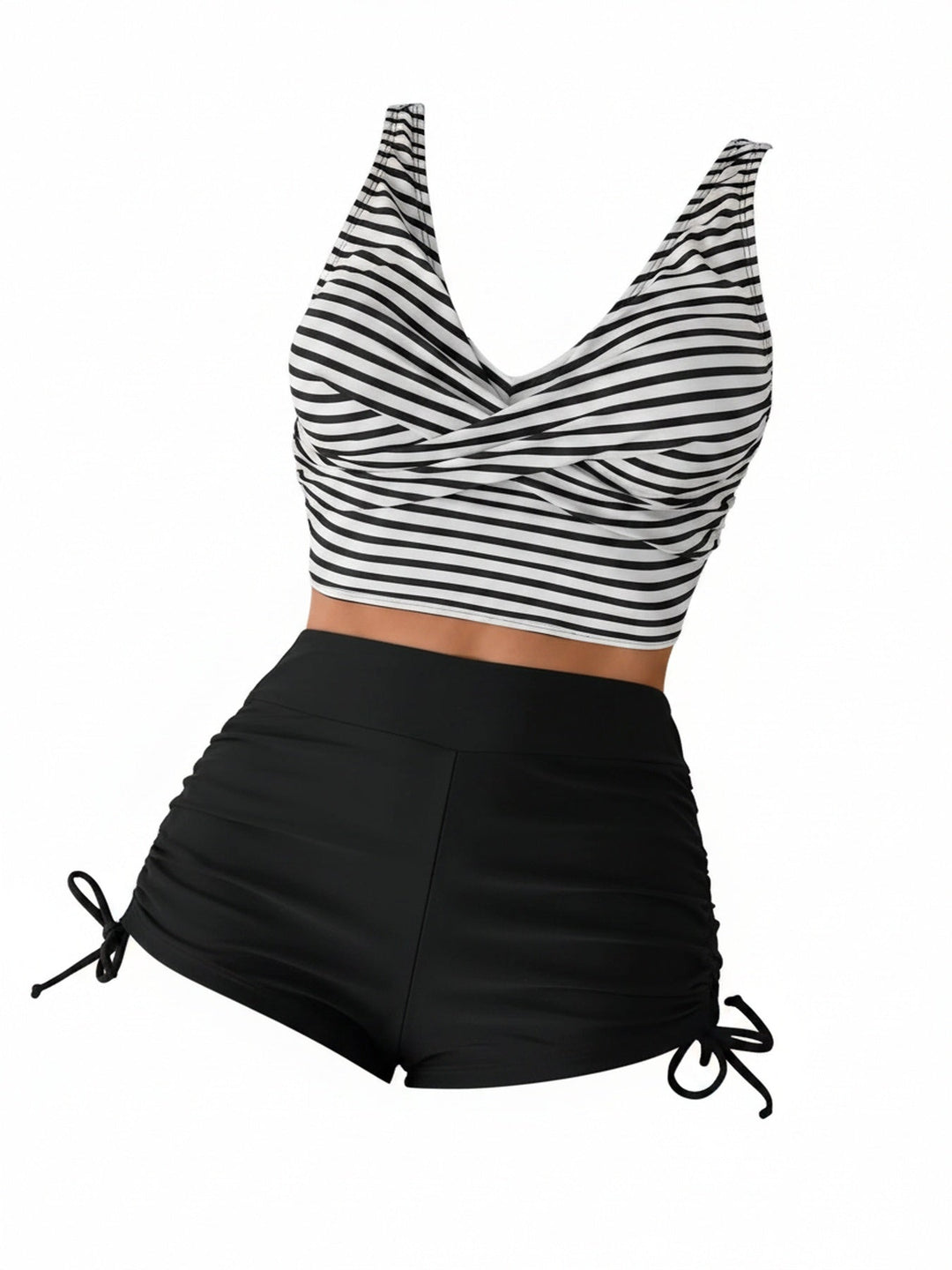 Dames tankini set met gestreepte twist top en zwart high waist broekje.