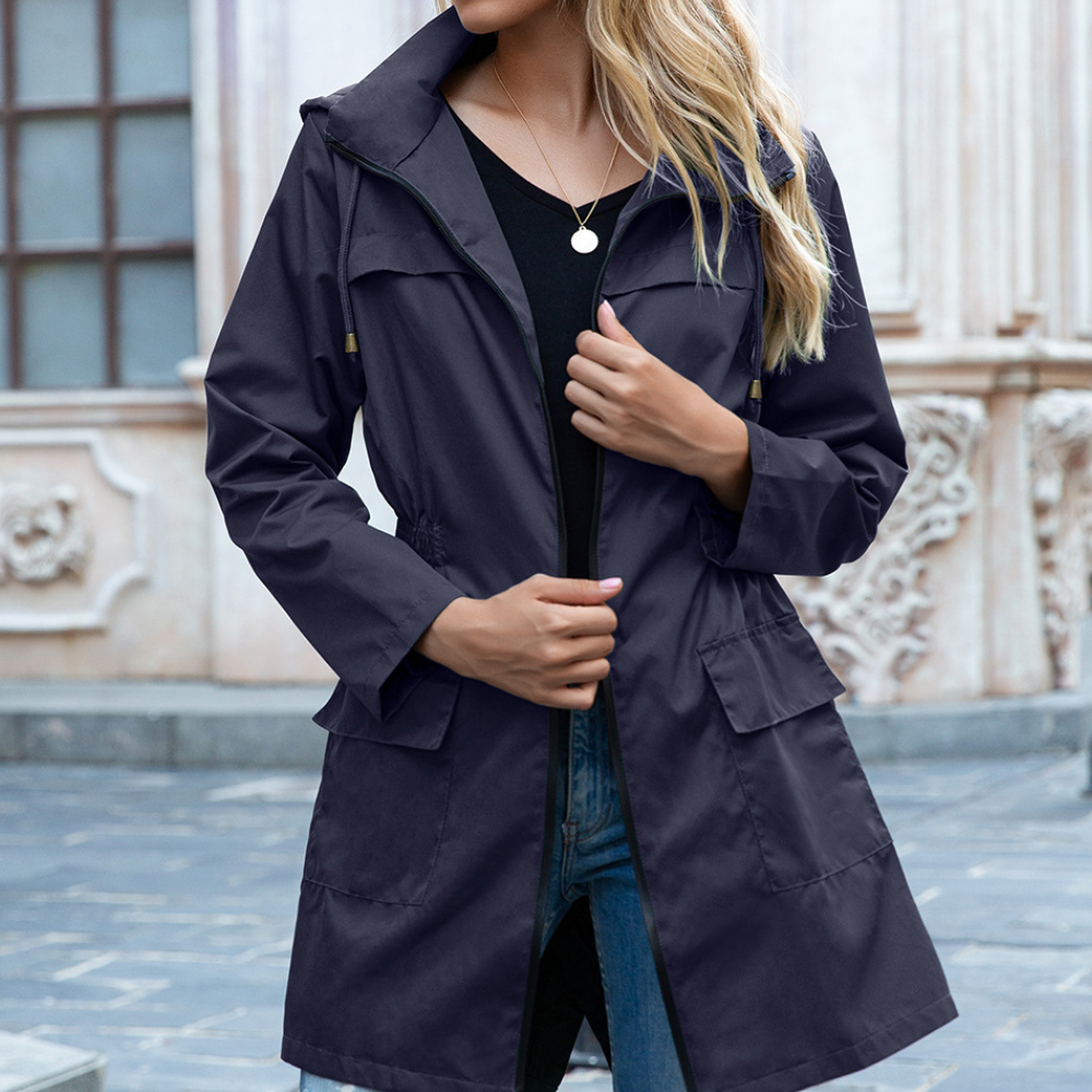 Dames trenchcoat marineblauw, winddicht, waterafstotend, A-lijn pasvorm, lange lengte, elegante ritssluiting, klassieke kraag
