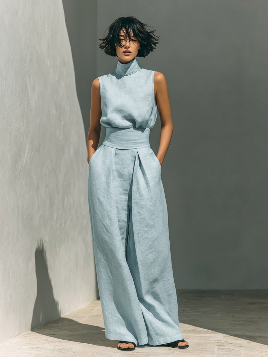 Zomerse damesoutfit: een comfortabele mouwloze colkraag top gecombineerd met een soepelvallende wijde broek.