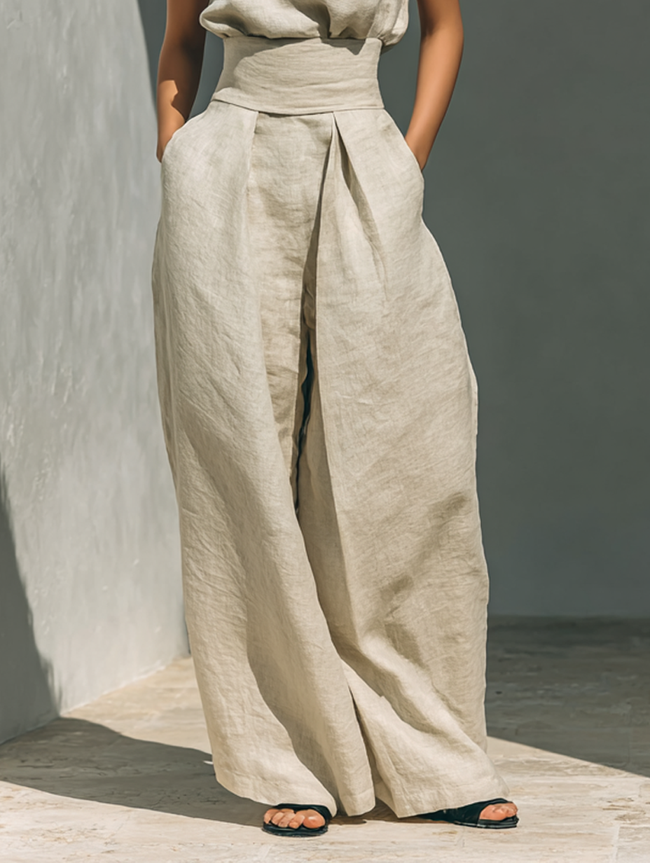 Zijaanzicht van model in de dames tweedelige set, toont de pasvorm van de mouwloze colkraag top en wijde broek.
