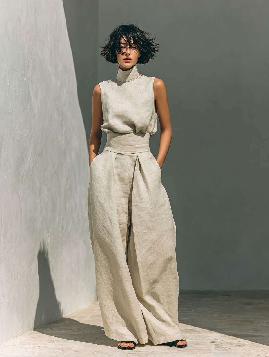 Comfortabele dames zomeroutfit: mouwloze colkraag top en relaxte wijde broek voor een moeiteloos elegante stijl.