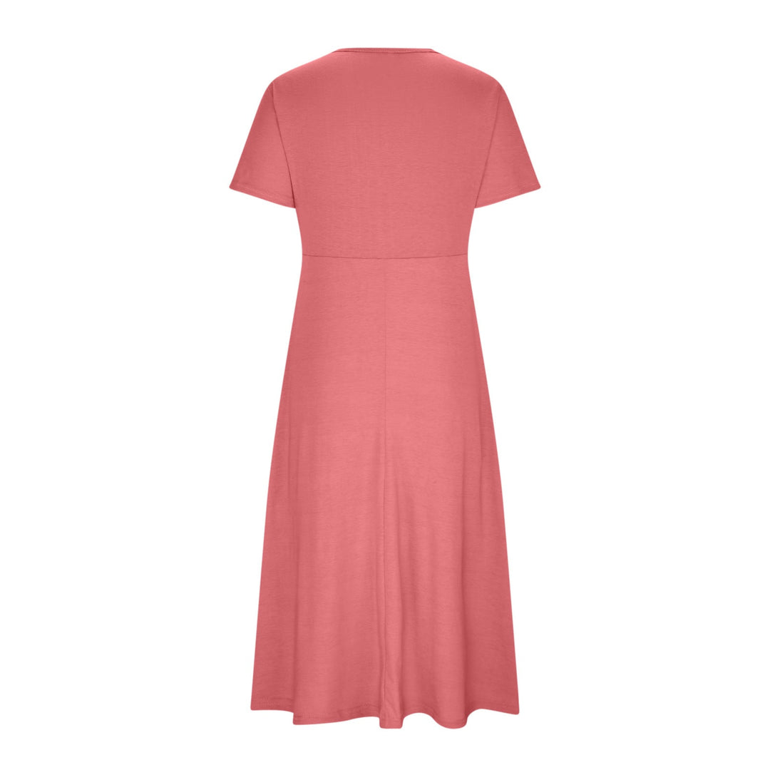 Zomerse V-hals A-lijn midi jurk dames, elegante stijl, comfortabel en met praktische zakken.