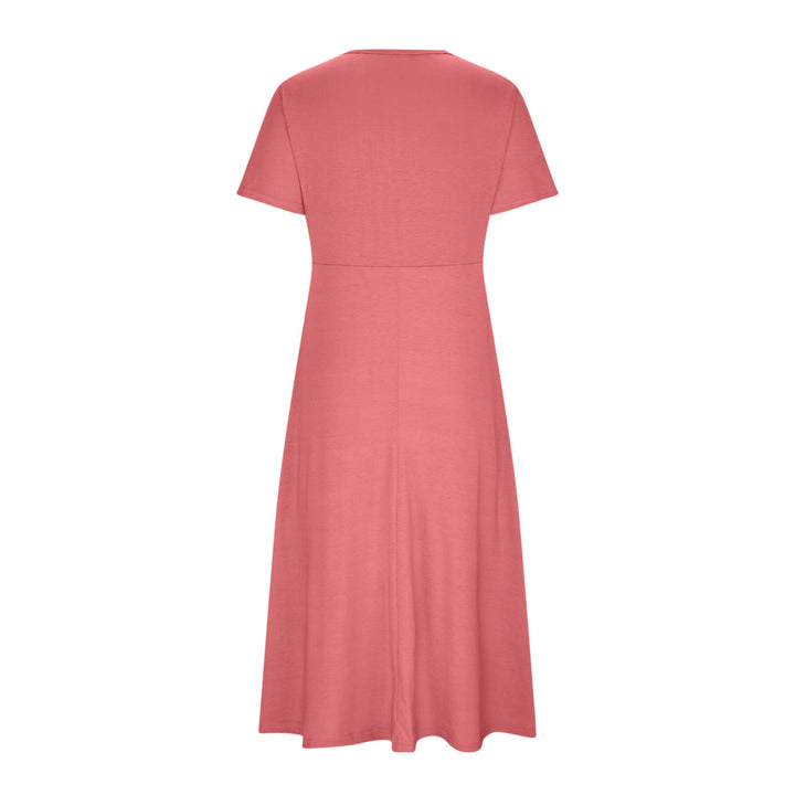Zomerse V-hals A-lijn midi jurk dames, elegante stijl, comfortabel en met praktische zakken.