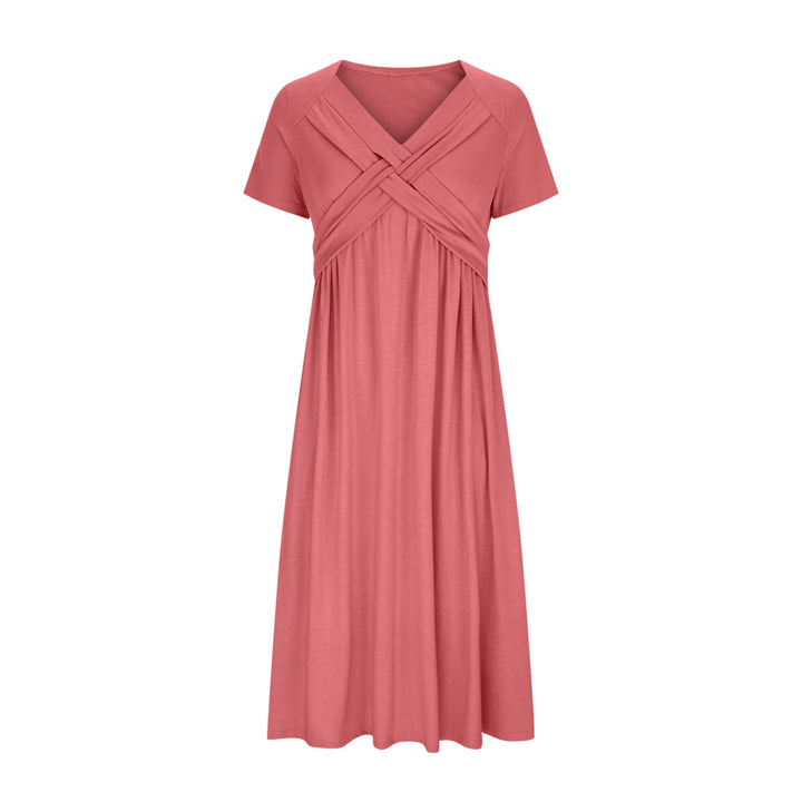 Elegante dames V-hals midi-jurk in A-lijn model, comfortabel en stijlvol voor diverse gelegenheden.