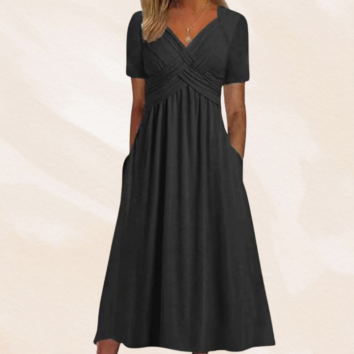 Elegante V-hals A-lijn midi jurk voor dames, perfect voor zomerse dagen en elke gelegenheid.