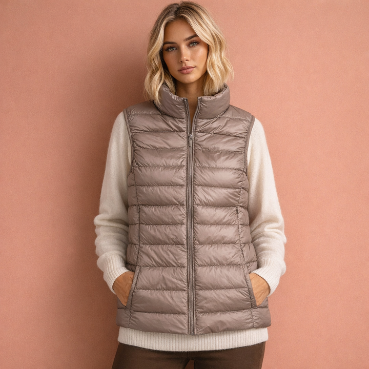 Dames warme mouwloze winterbodywarmer met ritssluiting, perfect als comfortabele overgangsjas.