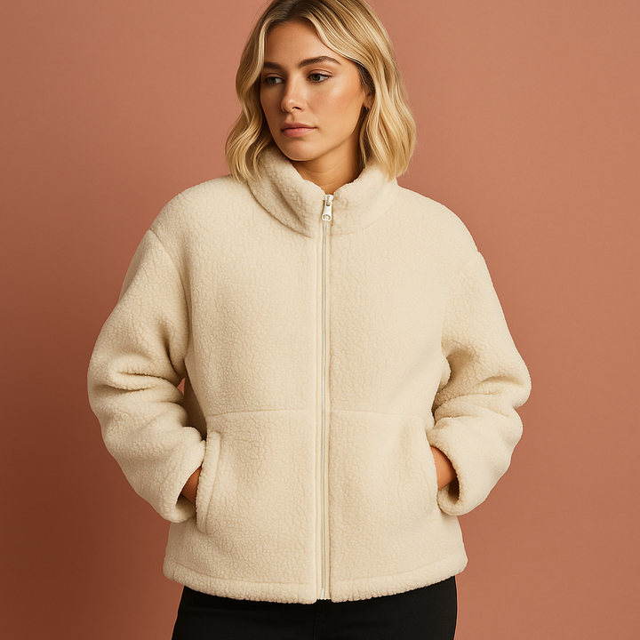 Dames warme teddyjas in crème/beige, ideaal voor winter & herfst. Comfortabel, stijlvol & trendy outwear.