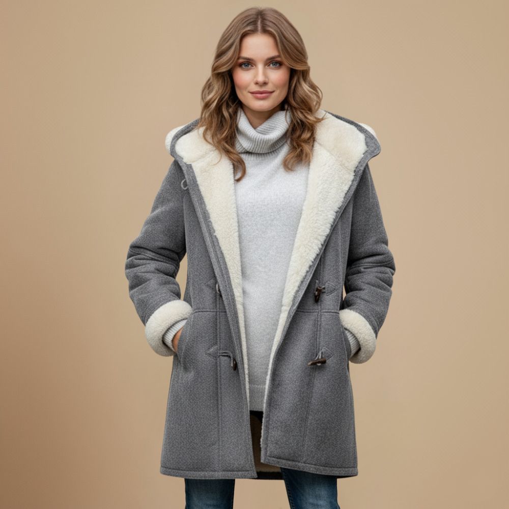 Dames winterjas met toggleknopen en capuchon. Elegante, warme duffeljas voor stijlvolle wintermode.