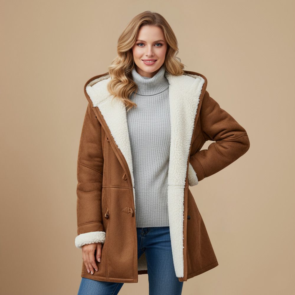 Casual én elegante dames winterjas. Warme duffeljas met toggleknopen en comfortabele capuchon voor wintermode.