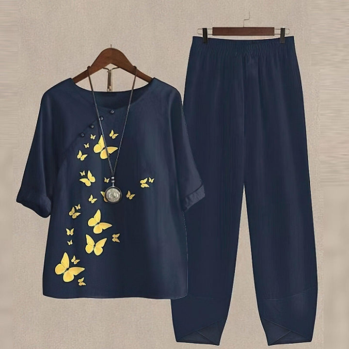 Dames zomerset met print, V-hals en korte mouwen, luchtige pasvorm, elastische tailleband, stijlvol en comfortabel.