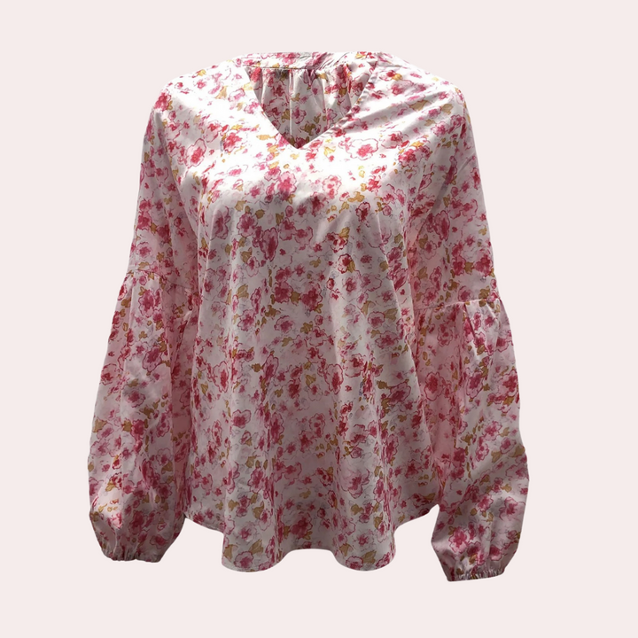 "Damesblouse met lange mouw en bloemenprint, ideaal voor de zomer, elegante look in roze, wit of groen."