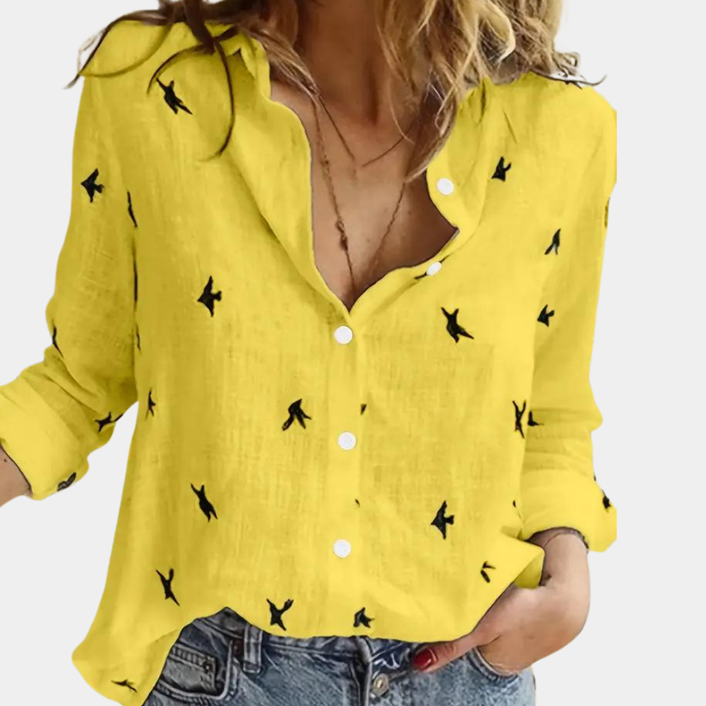 "Damesblouse met lange mouwen, zwaluwprint, luchtig en stijlvol voor veelzijdige outfits, knoopsluiting voor gemak."