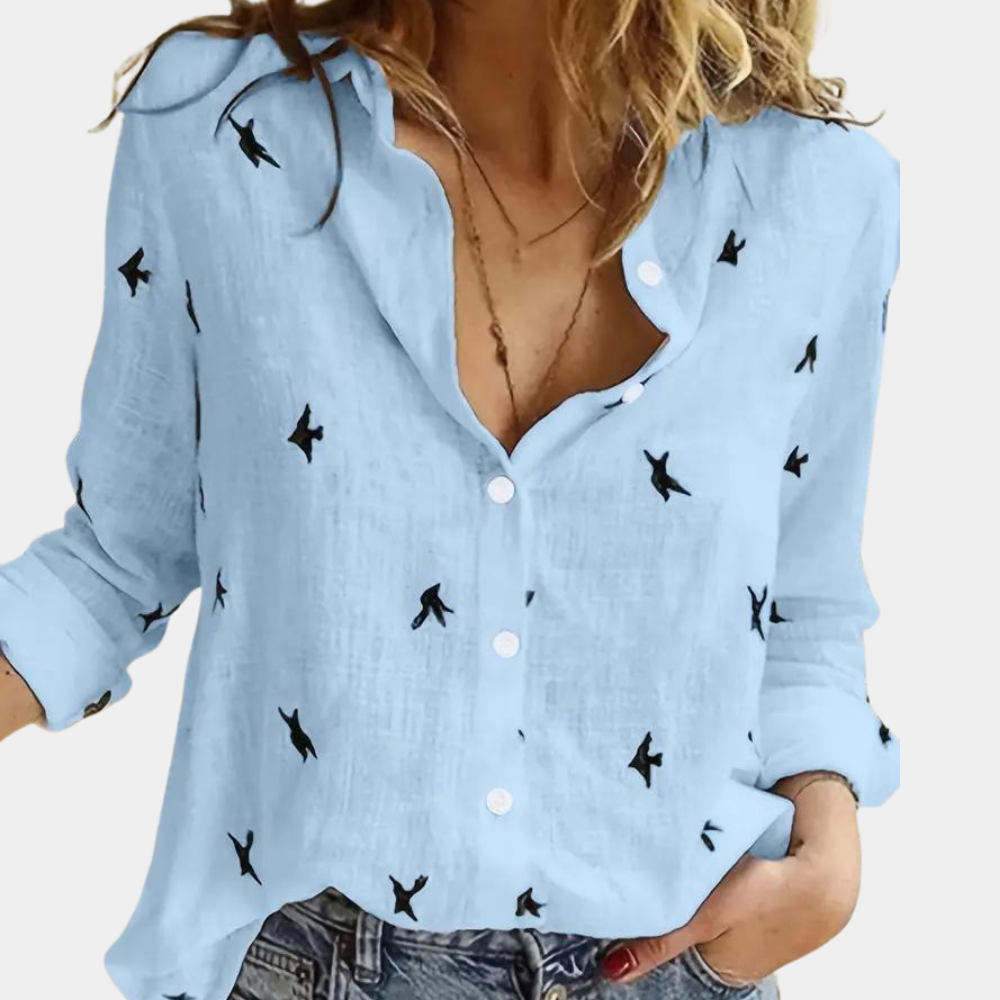 "Damesblouse met lange mouwen, zwaluwprint, luchtig en stijlvol voor veelzijdige outfits, knoopsluiting voor gemak."
