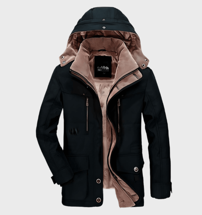 "Dikke heren winterjas met capuchon en diepe zakken, stijlvol ontwerp, luxe uitstraling, perfecte isolatie en comfort."