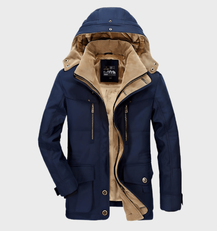 "Dikke heren winterjas met capuchon en diepe zakken, stijlvol ontwerp, luxe uitstraling, perfecte isolatie en comfort."