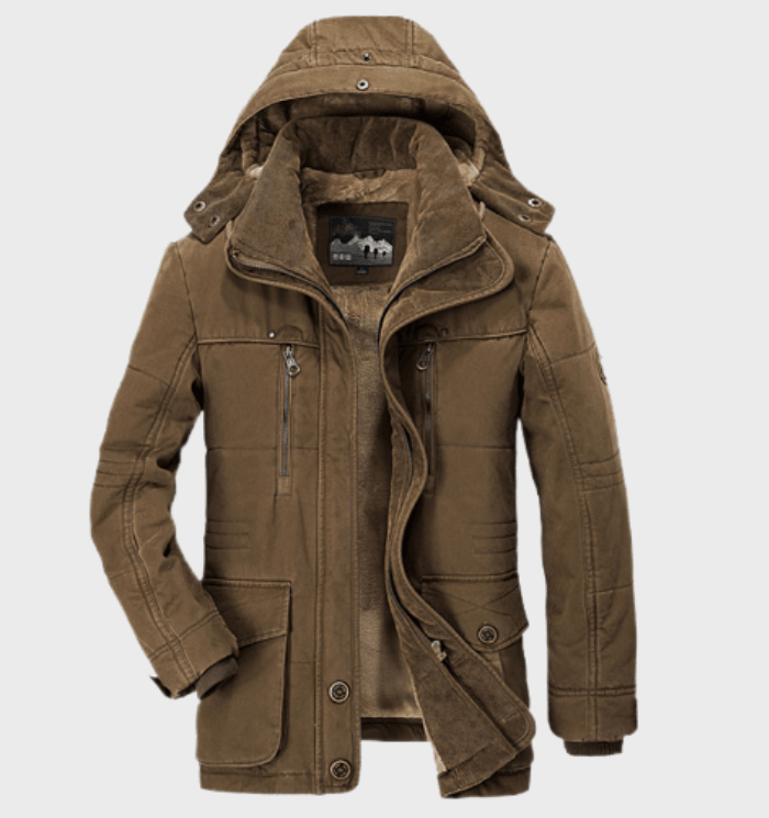 "Dikke heren winterjas met capuchon en diepe zakken, stijlvol ontwerp, luxe uitstraling, perfecte isolatie en comfort."