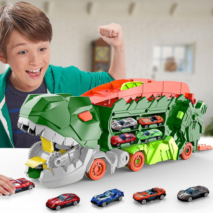 "Dino Stad Transporteur racebaan, kleurrijke vrachtwagen met transformeerbare onderdelen voor kinderplezier en creativiteit"