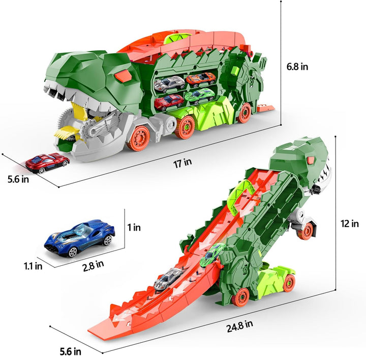 "Dino Stad Transporteur racebaan, kleurrijke vrachtwagen met transformeerbare onderdelen voor kinderplezier en creativiteit"
