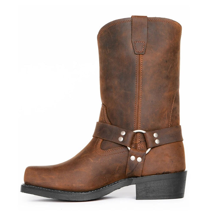Stijlvolle heren cowboy laarzen met gespdetails, mid-calf lengte, perfect voor een casual of elegante look.