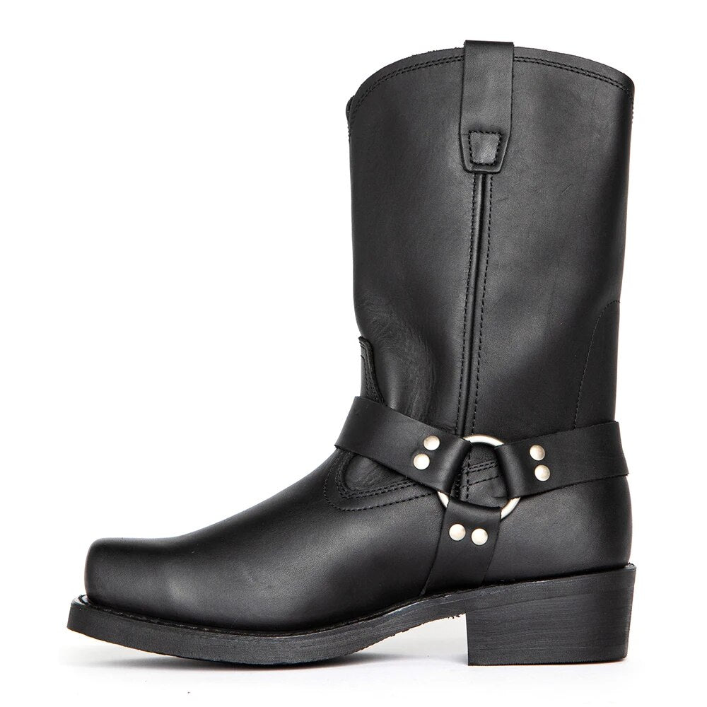 Comfortabele heren cowboy laarzen, mid-calf, met gespen, beschikbaar in bruin of zwart, ideaal voor herfst.