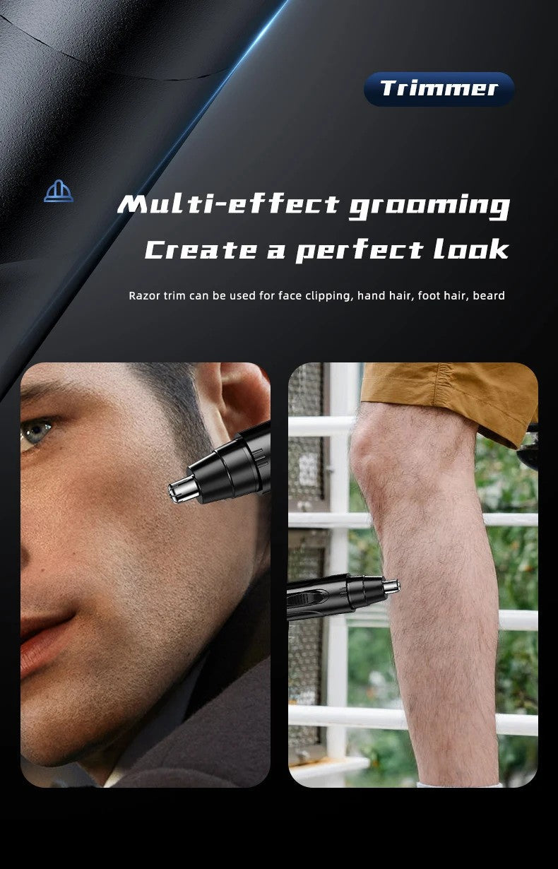 Man die de draagbare trimmer gebruikt voor gezichtsverzorging