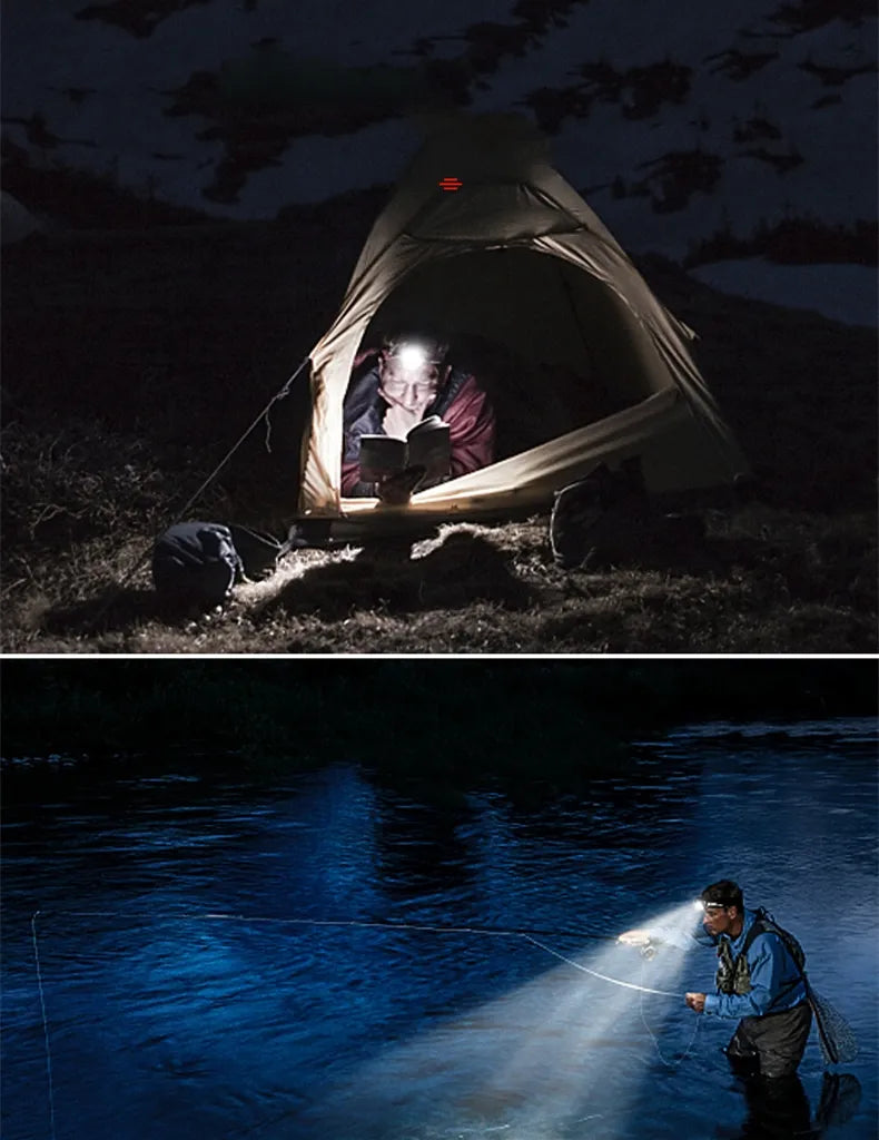 Man leest een boek in een tent verlicht door een handige LED hoofdlamp