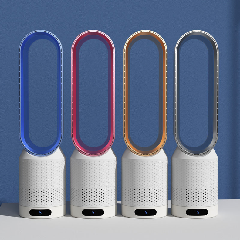 Vier torenventilatoren op een rij in de kleuren blauw, roze, goud en zilver