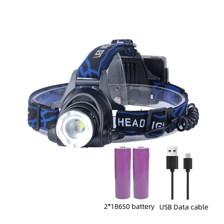 Oplaadbare led koplamp in actie tijdens outdoor sport en avontuur