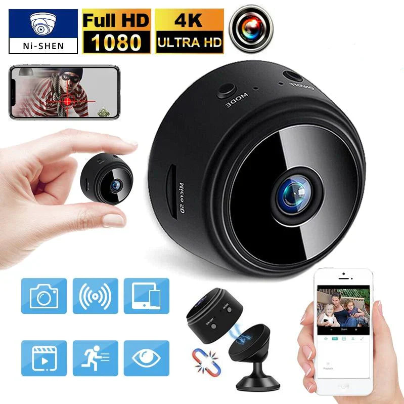 "Draadloze 1080P beveiligingscamera met nachtzicht, geschikt voor binnen en buiten, uitgerust met bewegings- en audiofunctie.