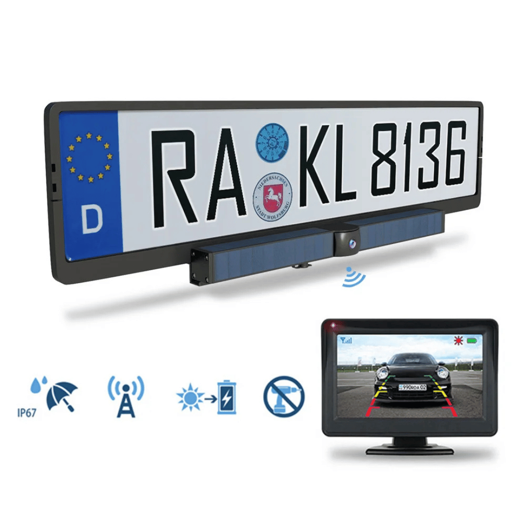 Draadloze HD achteruitrijcamera op zonne-energie voor veilig parkeren; IP67 waterdicht met nachtzicht.
