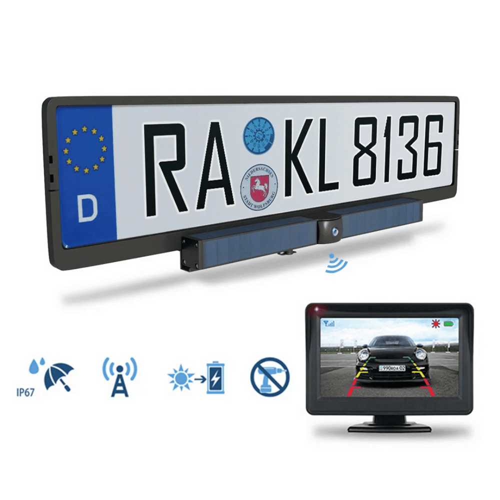 Eenvoudig te installeren draadloze achteruitrijcamera met zonnepaneel voor auto's en caravans; verhoogt rijveiligheid.