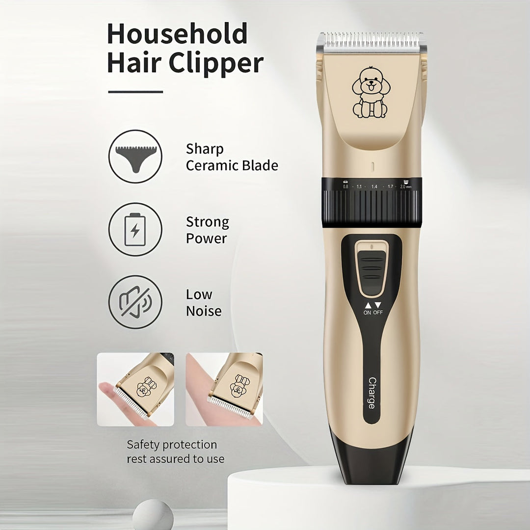 "Draadloze huisdiertrimmer met scherp keramisch mes, USB oplaadbaar, fluisterstil voor honden- en kattenverzorging."