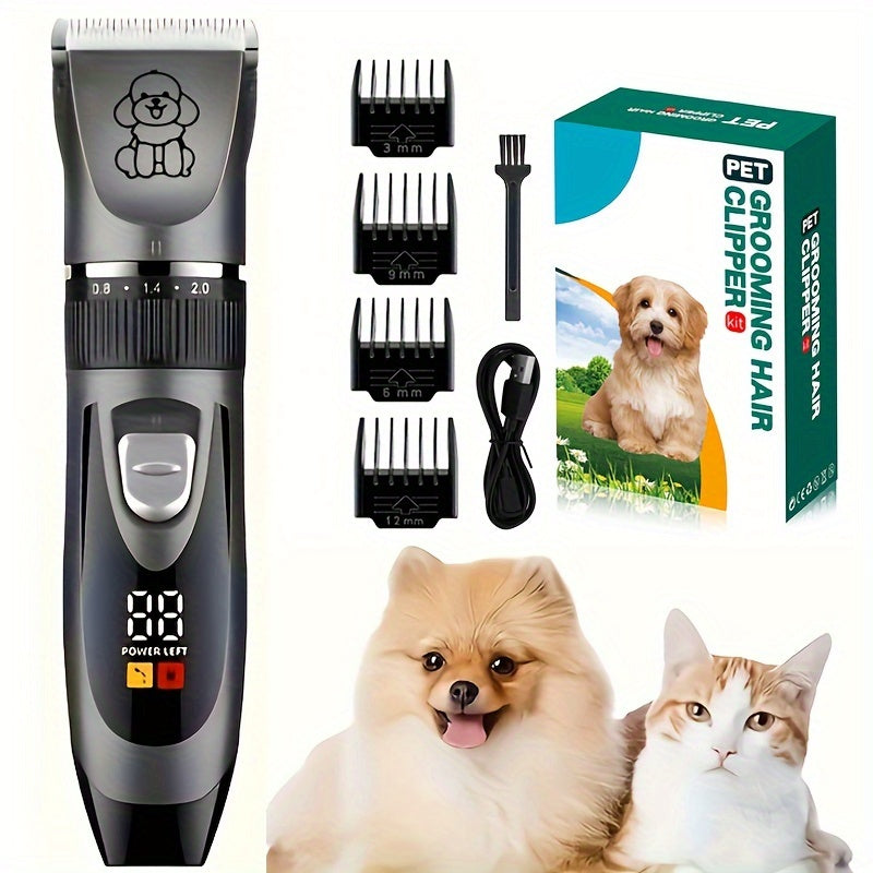 "Draadloze huisdiertrimmer met scherp keramisch mes, USB oplaadbaar, fluisterstil voor honden- en kattenverzorging."