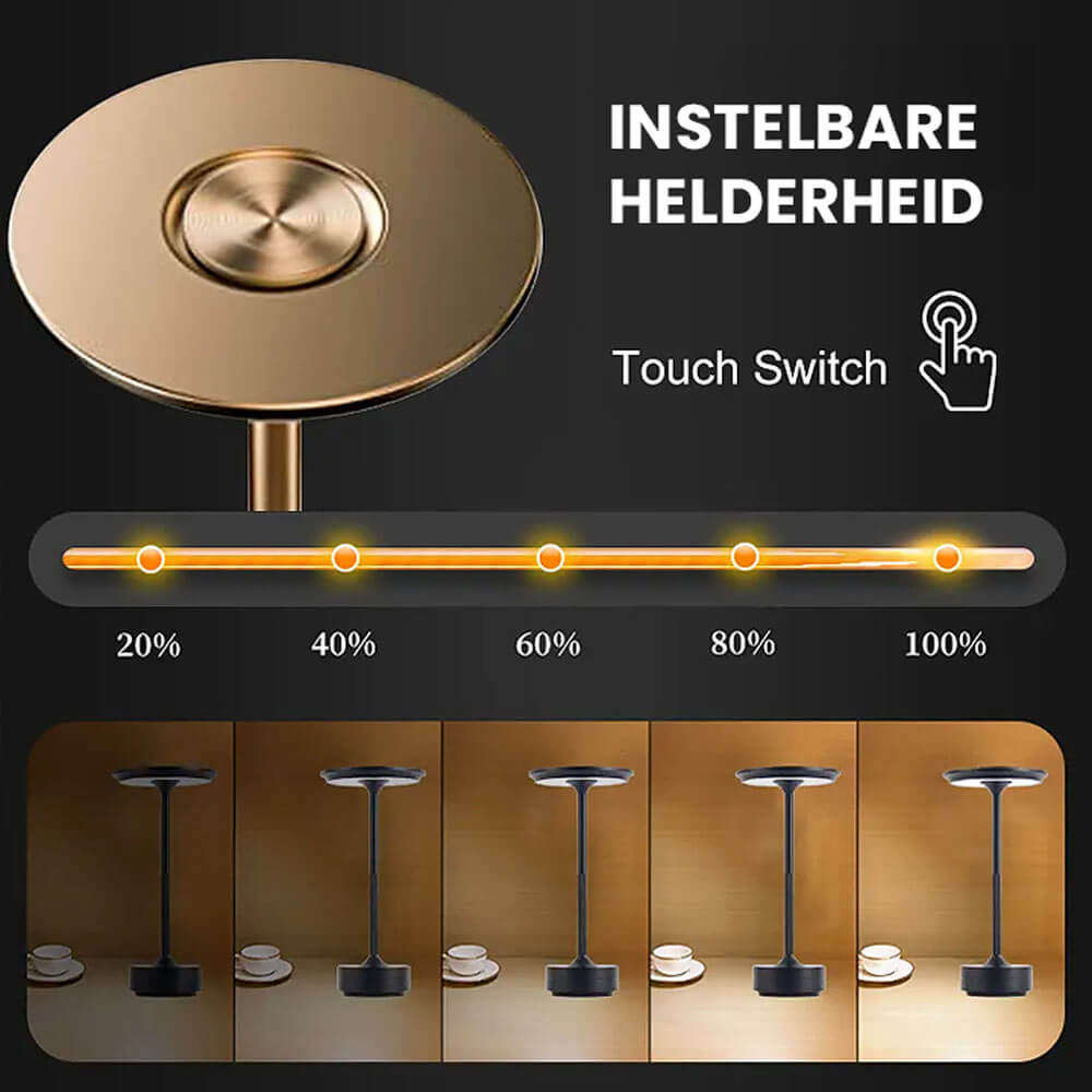 "Draadloze LED tafellamp oplaadbaar en dimbaar, modern design, ideaal voor sfeerverlichting in elke kamer."