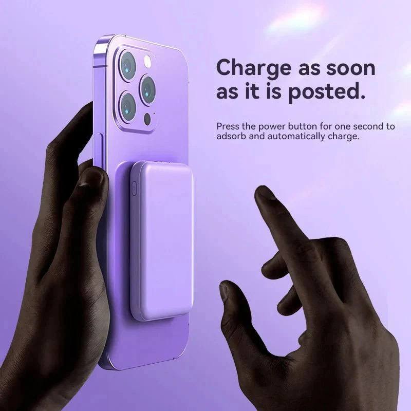 "Draadloze magnetische powerbank 30000mAh, groen en paars, compatibel met iPhone 15, ideaal voor intensieve gebruikers."