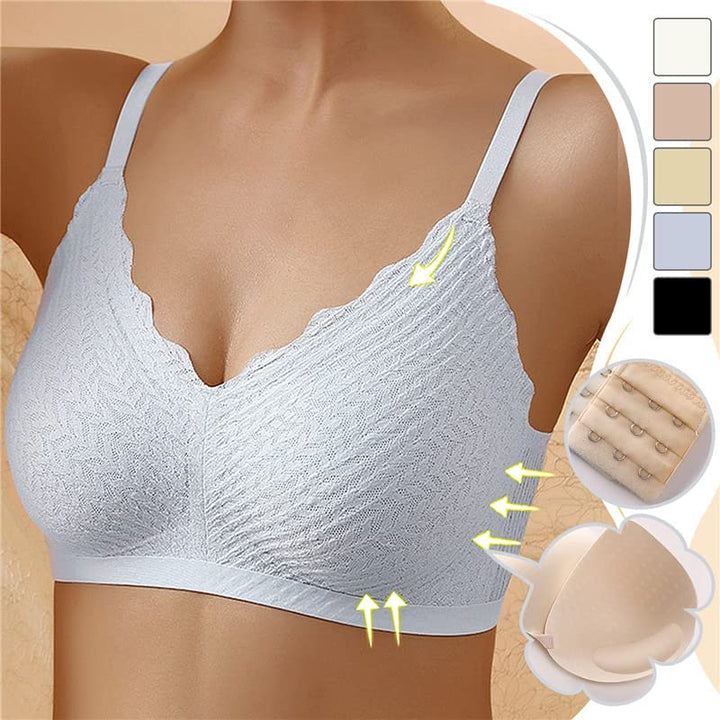 "Draadloze naadloze kanten bh voor ultiem comfort en elegante look in zachtroze met verstelbare bandjes."