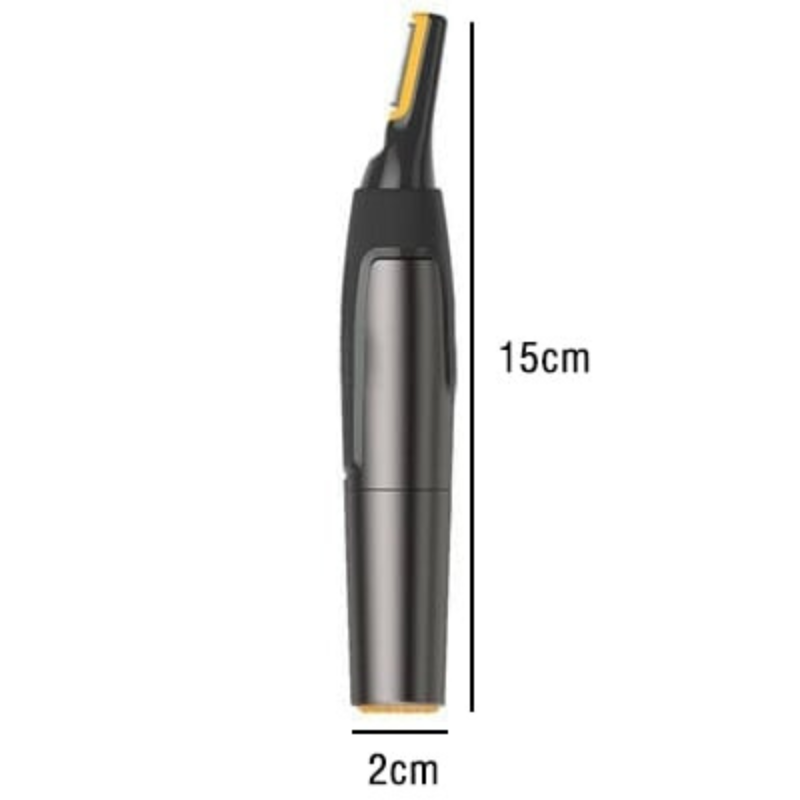 "Draadloze trimmer, compact ontwerp met roestvrijstalen messen, voor veilig scheren van gezichts- en oorhaar."