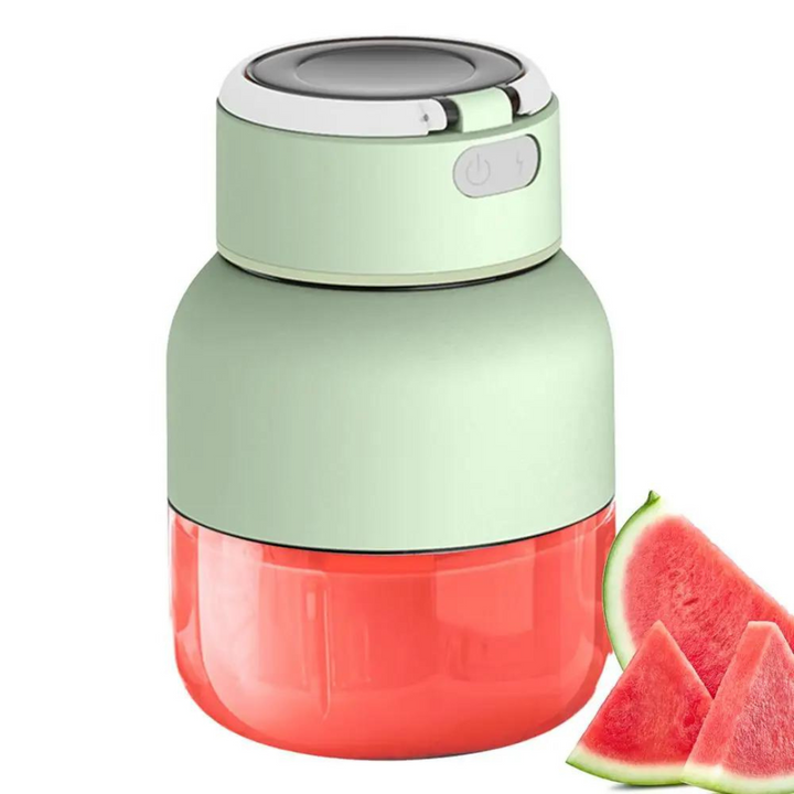 "Draagbare 2-in-1 blender en sapcentrifuge, stijlvol wit, met roestvrijstalen messen en draadloze oplaadfunctionaliteit."
