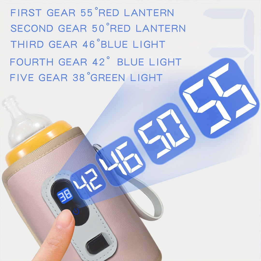 "Draagbare babyflesverwarmer, USB-aangedreven, compact ontwerp, vijf temperatuurinstellingen, ideaal voor onderweg."