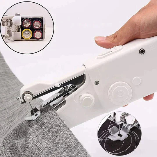 "Draagbare mini handnaaimachine, compacte zwarte unit, ideaal voor eenvoudig en snel naaien onderweg."