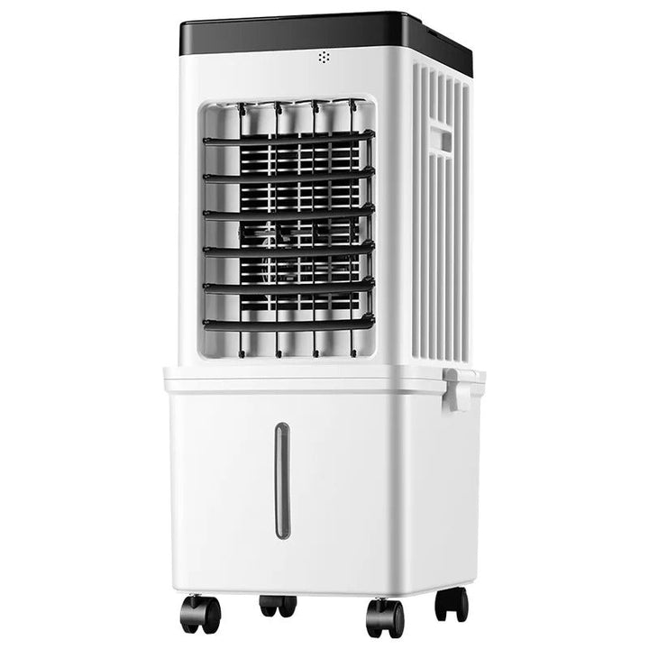 Compacte mobiele airconditioner met wielen en een waterreservoir voor eenvoudige verplaatsing en gebruiksgemak.