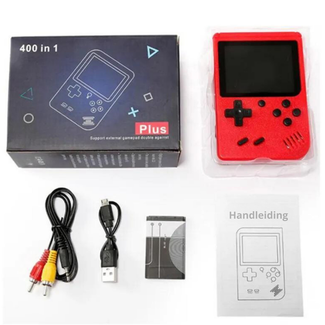 "Draagbare retro console, compact, met meer dan 400 klassieke spellen, ideaal voor nostalgisch gamen en onderweg gebruik."
