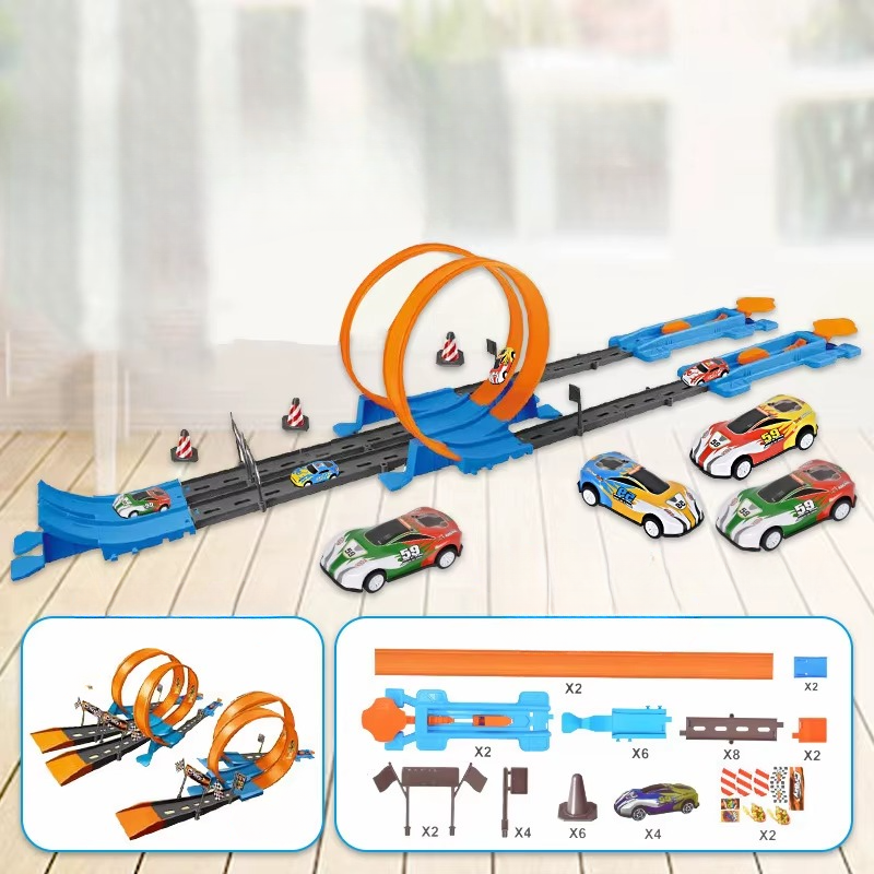 "Dubbel Racebaan Set met kleurrijke auto's, scherpe bochten en loopings voor kinderen, educatief, creatief speelplezier"