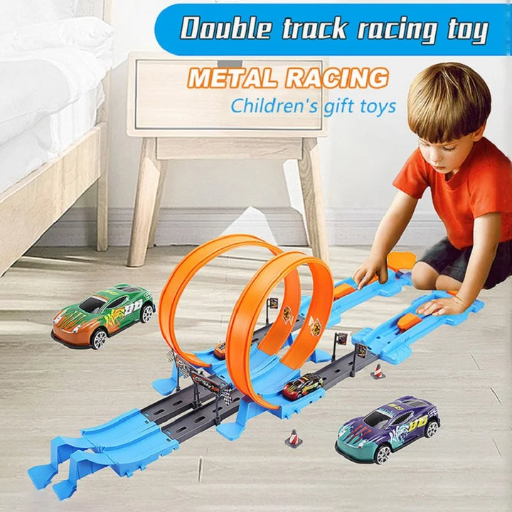 "Dubbel Racebaan Set met kleurrijke auto's, scherpe bochten en loopings voor kinderen, educatief, creatief speelplezier"