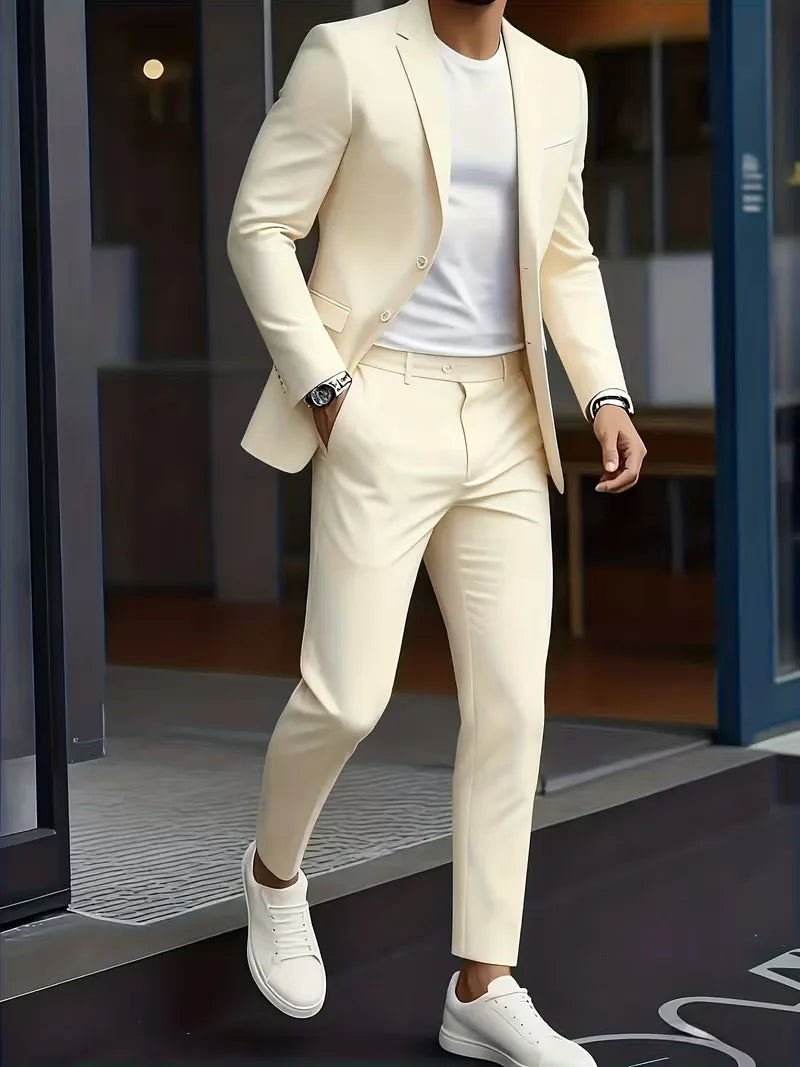Man draagt beige slim fit herenkostuum met witte sneakers