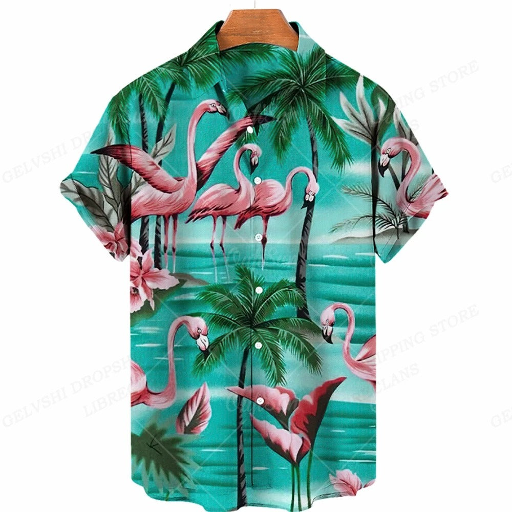 Heren Hawaïhemd met flamingo's en palmbomen op groene achtergrond