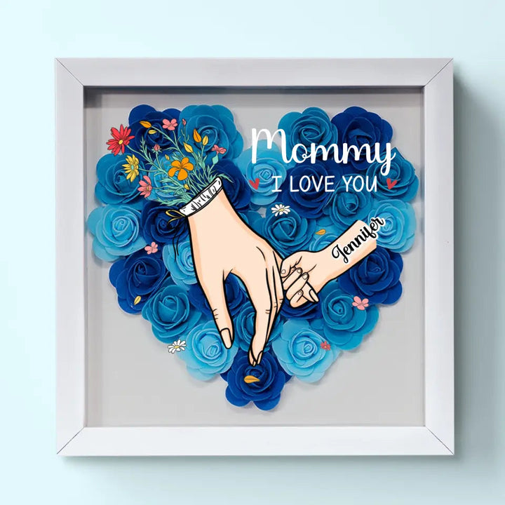 Gepersonaliseerd Moederdag cadeau: bloemen schaduwdoos met namen. Vierkant en uniek geschenk.