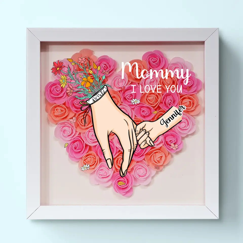 Familie schaduwdoos met bloemen en gepersonaliseerde namen, een symbool van liefde voor moeder.